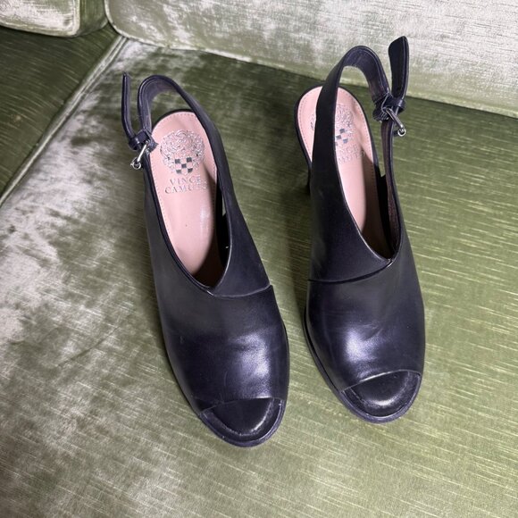 Vince Camuto Nattey Black Leather Peep-Toe Slingback Heels Size 9 Stiletto Heel - Picture 3 of 9